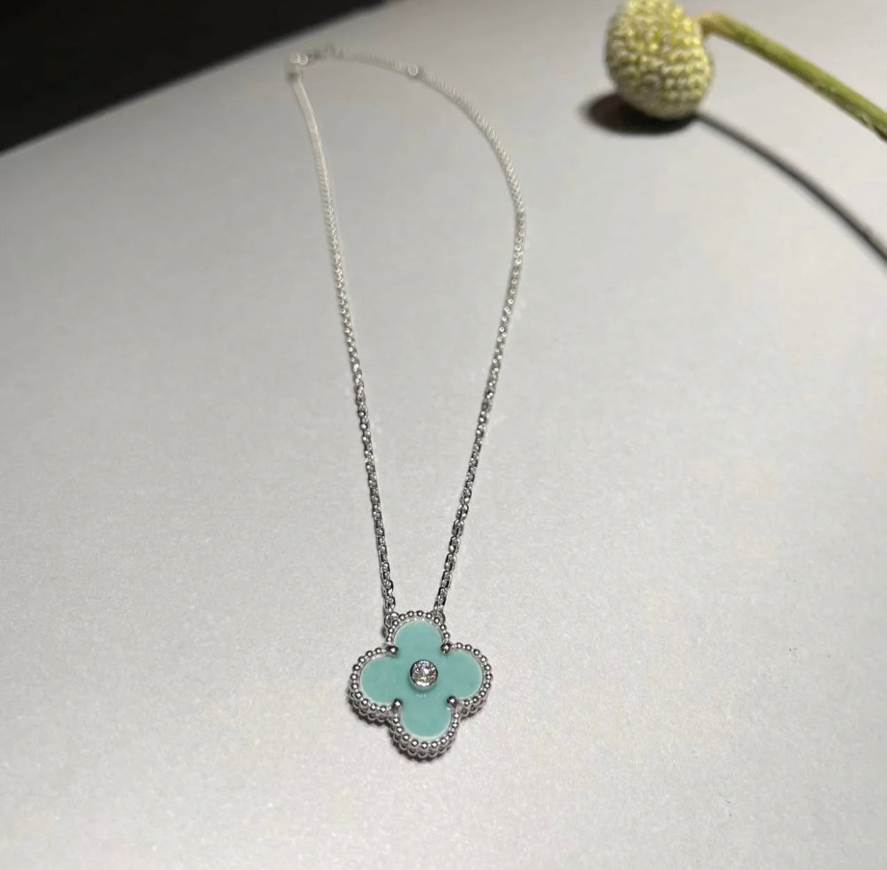 [Olivia Jewelry]CLOVER 1 DIAMOND LIGHT BLUE SILVER NECKLACE