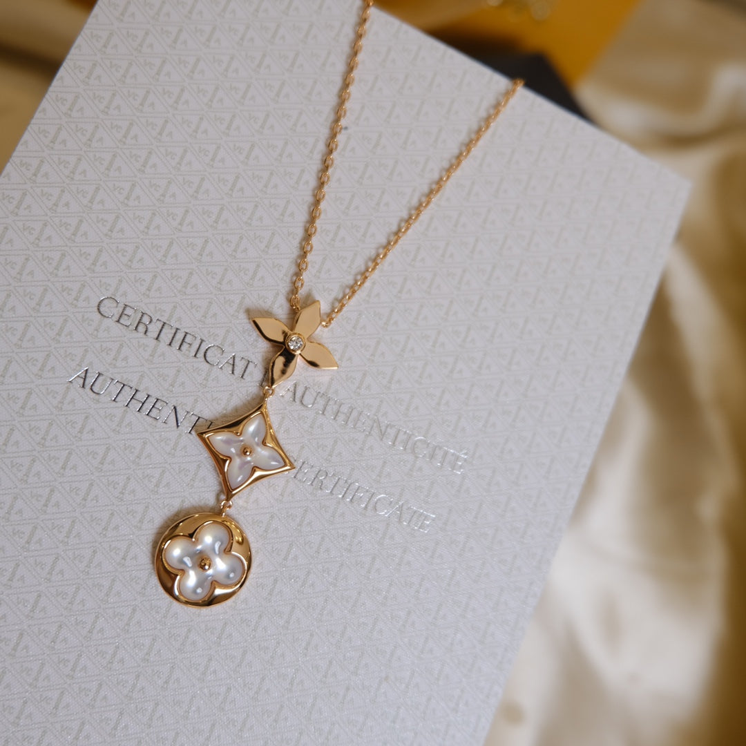 [Olivia Jewelry]COLOR BLOSSOM LARIAT NECKLACE PINK GOLD WHITE MOTHER PEARL AND DIAMOND