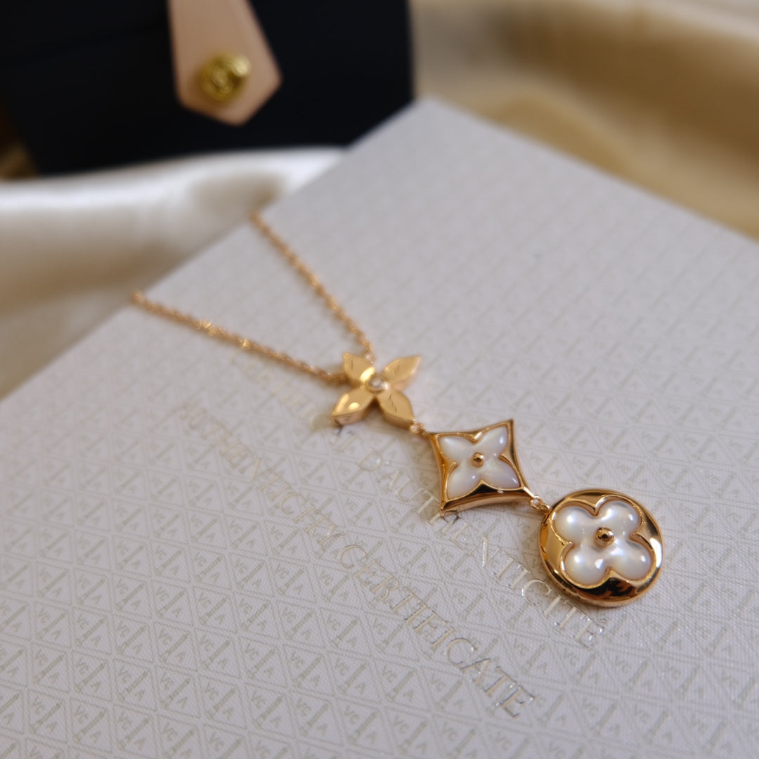 [Olivia Jewelry]COLOR BLOSSOM LARIAT NECKLACE PINK GOLD WHITE MOTHER PEARL AND DIAMOND