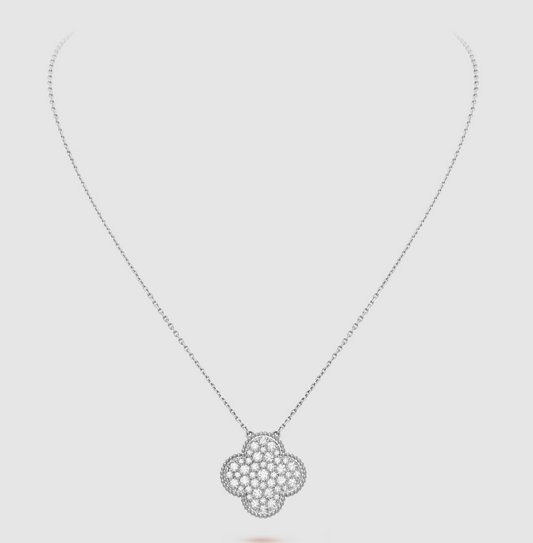 [Olivia Jewelry]CLOVER 25MM LARGE PENDANT DIAMOND PAVED SILVER NECKLACE