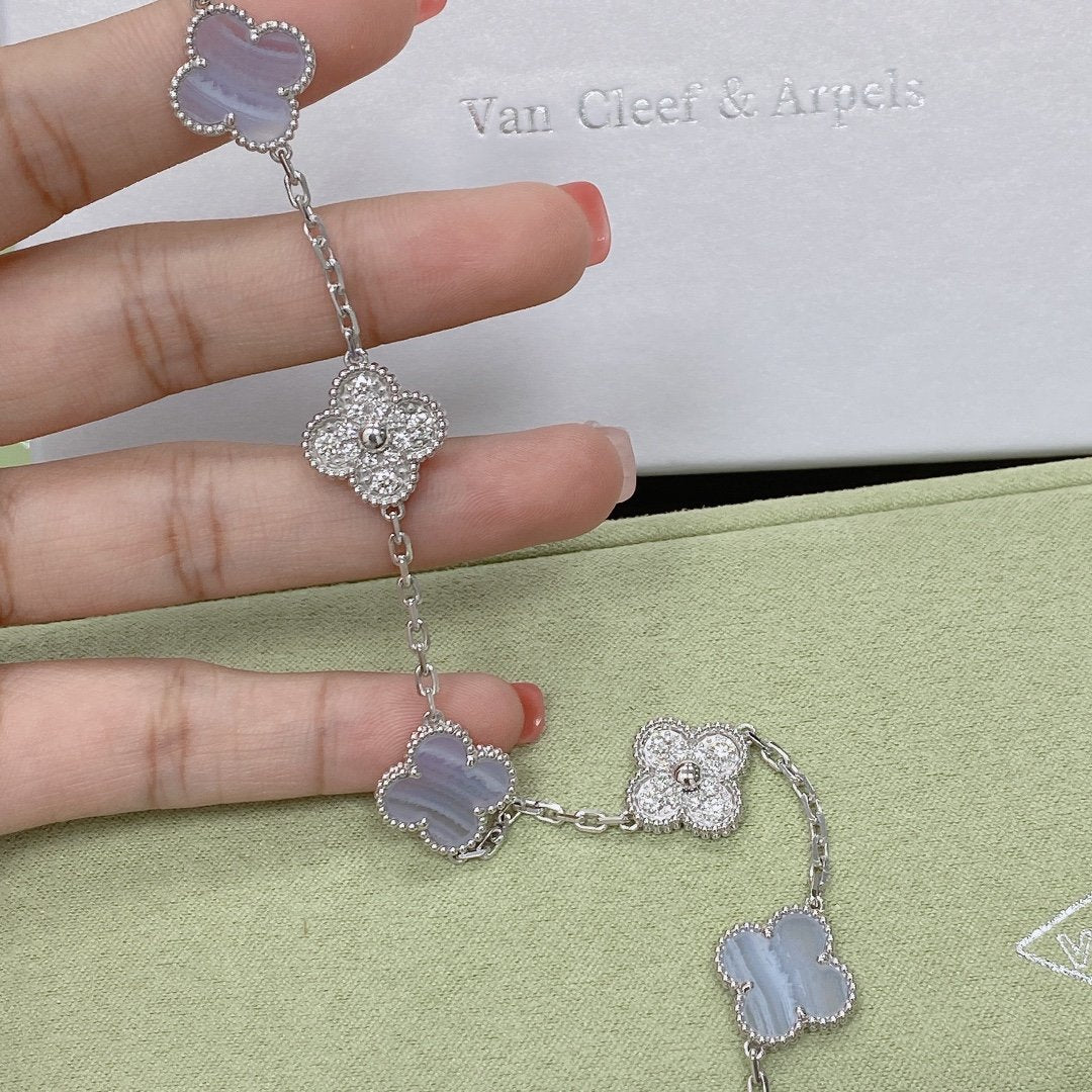 [Olivia JW]CLOVER  5 MOTIF DIAMOND PURPLE CHALCEDONY BRACELET SILVER