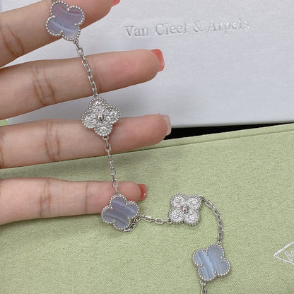 [Olivia JW]CLOVER  5 MOTIF DIAMOND PURPLE CHALCEDONY BRACELET SILVER