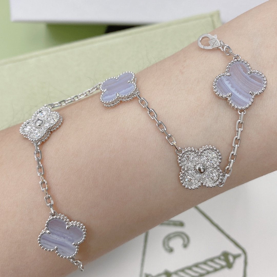 [Olivia JW]CLOVER  5 MOTIF DIAMOND PURPLE CHALCEDONY BRACELET SILVER