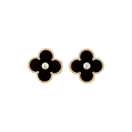 [Olivia Jewelry]CLOVER MEDIUM 1 MOTIFS ONYX DIAMOND EARRINGS