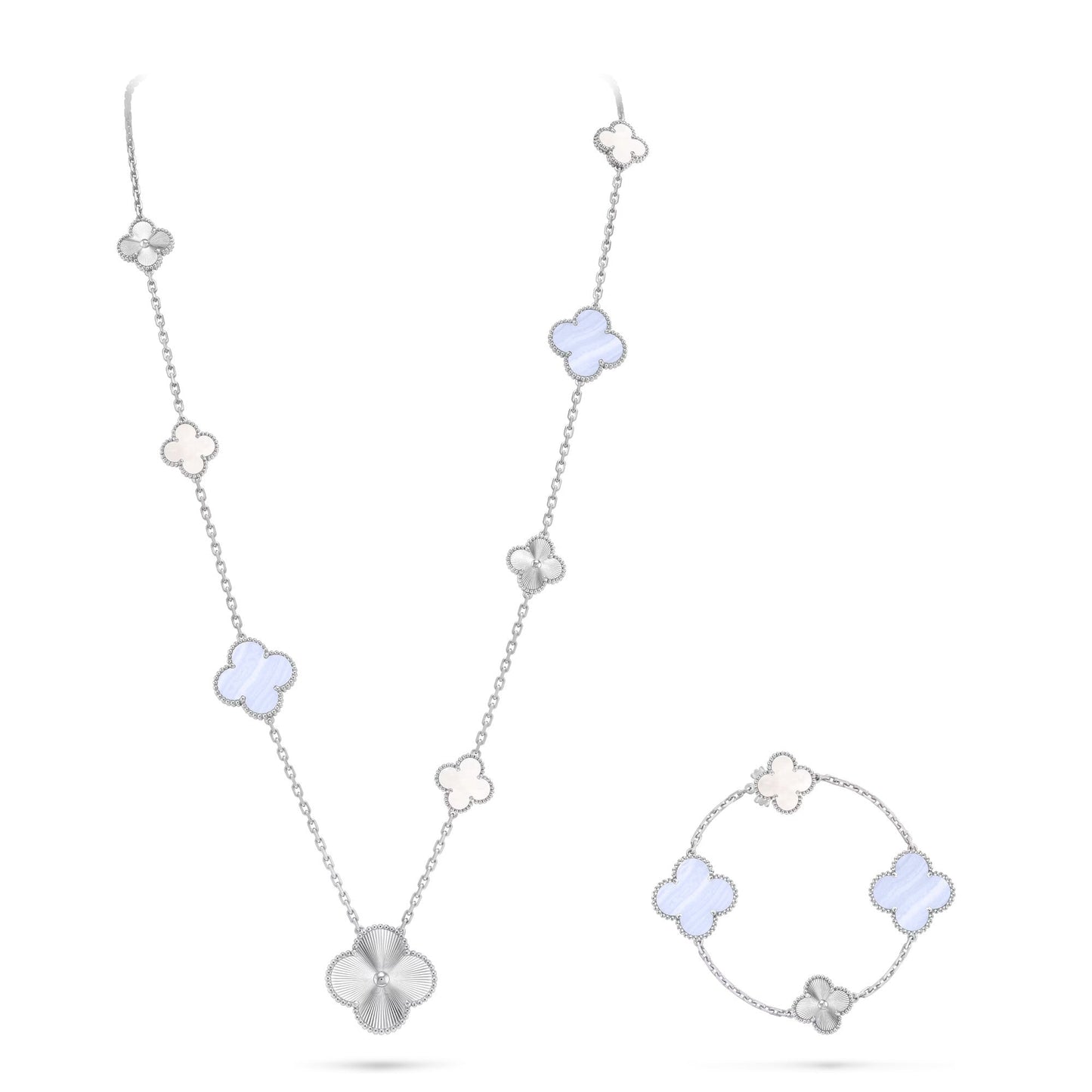 [Olivia JW]DETACHABLE CLOVER 15(11+4) FLOWER SILVER NECKLACE SET