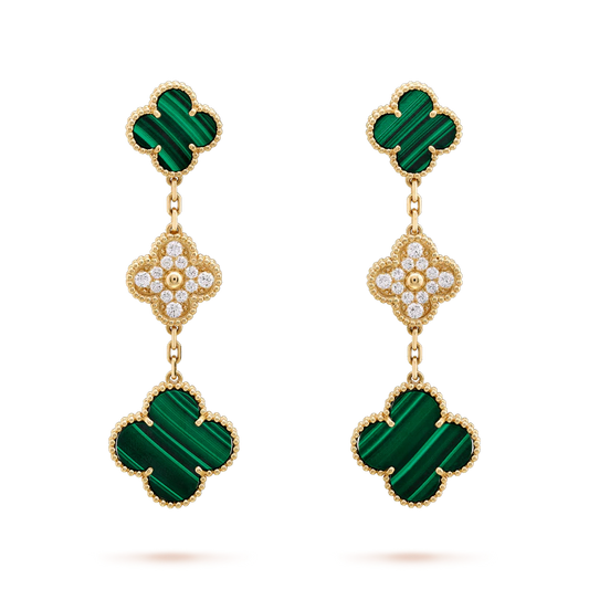 [Olivia Jewelry]CLOVER EARRINGS GOLD MALACHITE DIAMOND 3 MOTIF