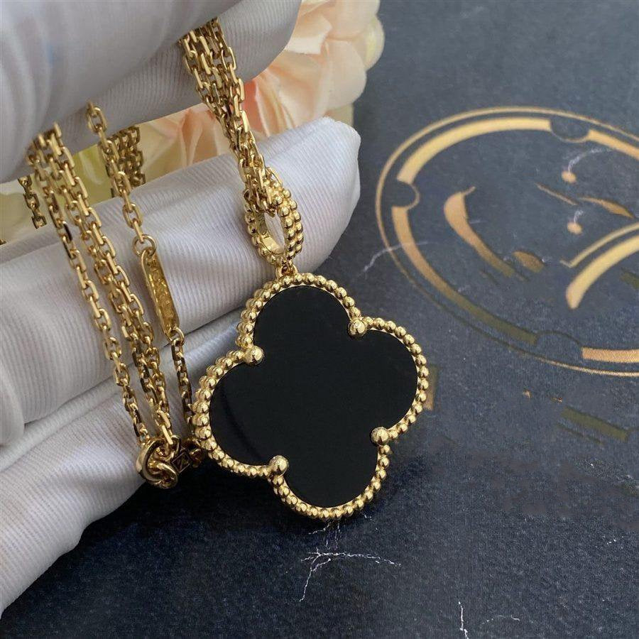 [Olivia Jewelry]CLOVER 25MM GOLD ONYX BIG CLOVER NECKLACE