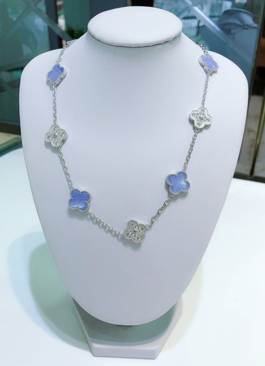[Olivia Jewelry]CLOVER 10 MOTIFS CHALCEDONY DIAMONDS SILVER NECKLACE