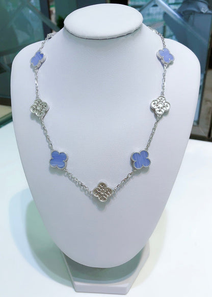 [Olivia Jewelry]CLOVER 10 MOTIFS CHALCEDONY DIAMONDS SILVER NECKLACE