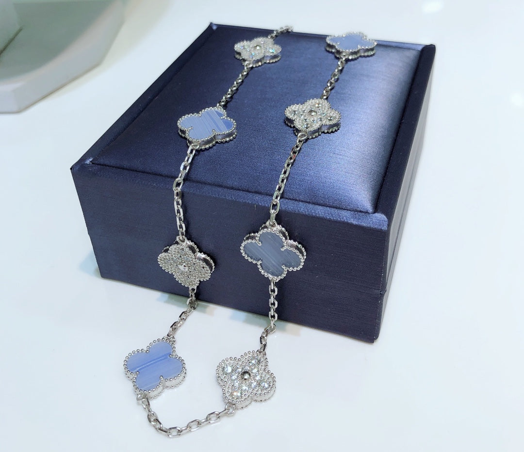 [Olivia Jewelry]CLOVER 10 MOTIFS CHALCEDONY DIAMONDS SILVER NECKLACE
