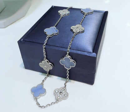 [Olivia Jewelry]CLOVER 10 MOTIFS CHALCEDONY DIAMONDS SILVER NECKLACE