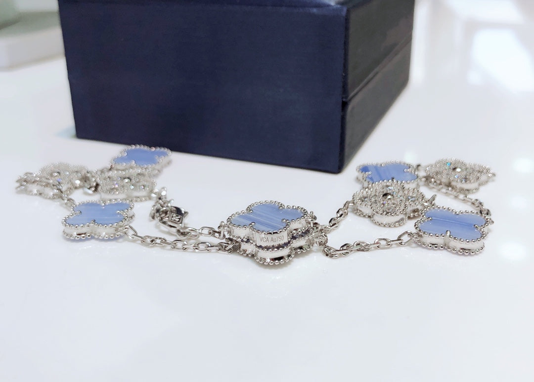 [Olivia Jewelry]CLOVER 10 MOTIFS CHALCEDONY DIAMONDS SILVER NECKLACE