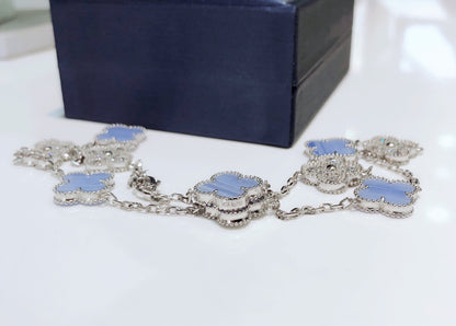 [Olivia Jewelry]CLOVER 10 MOTIFS CHALCEDONY DIAMONDS SILVER NECKLACE