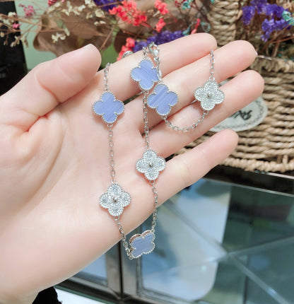 [Olivia Jewelry]CLOVER 10 MOTIFS CHALCEDONY DIAMONDS SILVER NECKLACE