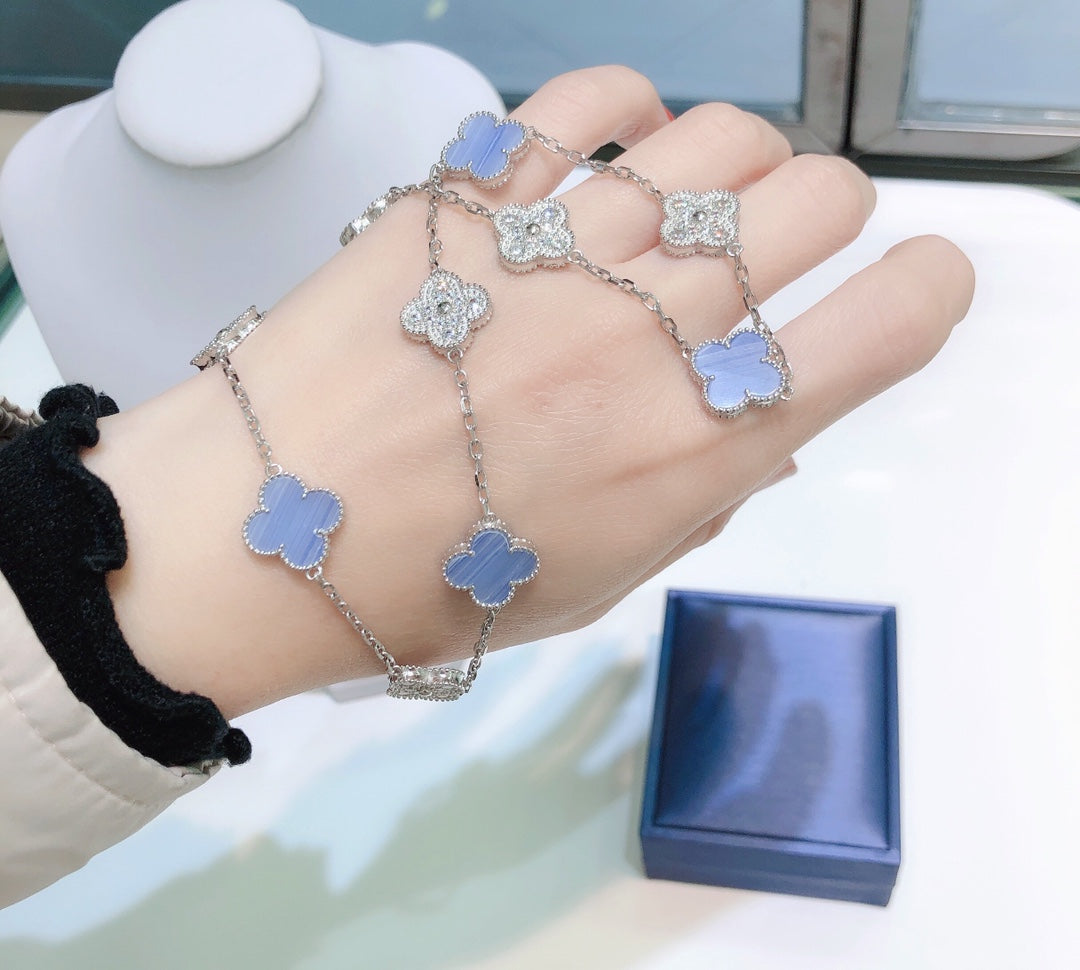 [Olivia Jewelry]CLOVER 10 MOTIFS CHALCEDONY DIAMONDS SILVER NECKLACE