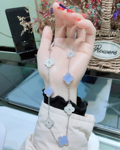 [Olivia Jewelry]CLOVER 10 MOTIFS CHALCEDONY DIAMONDS SILVER NECKLACE