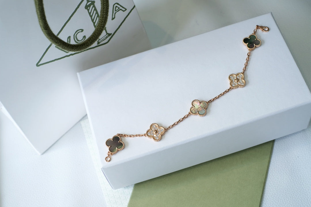 [Olivia JW]CLOVER 5 MOTIFS DARK MOP AND DIAMONDS PINK GOLD BRACELET