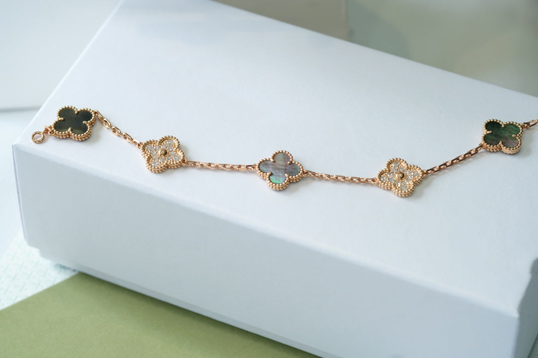 [Olivia JW]CLOVER 5 MOTIFS DARK MOP AND DIAMONDS PINK GOLD BRACELET