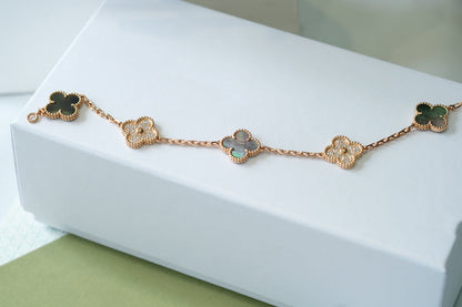 [Olivia JW]CLOVER 5 MOTIFS DARK MOP AND DIAMONDS PINK GOLD BRACELET
