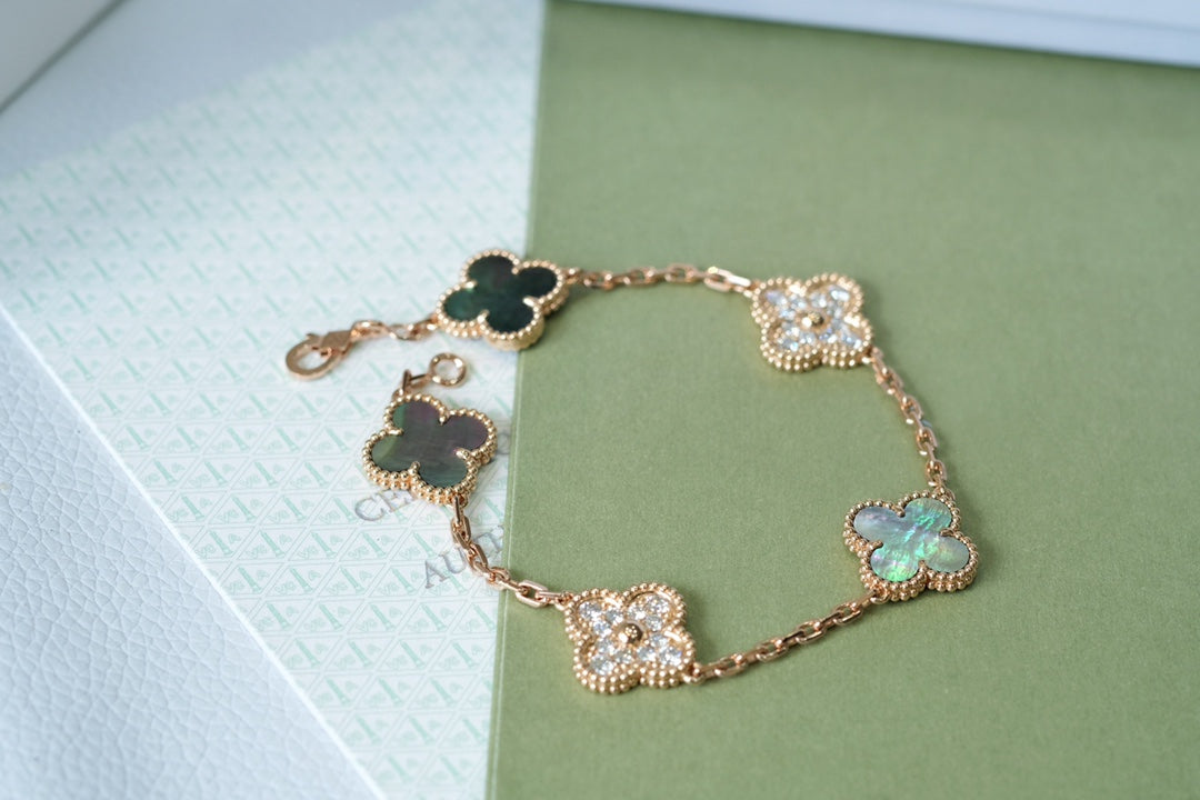 [Olivia JW]CLOVER 5 MOTIFS DARK MOP AND DIAMONDS PINK GOLD BRACELET