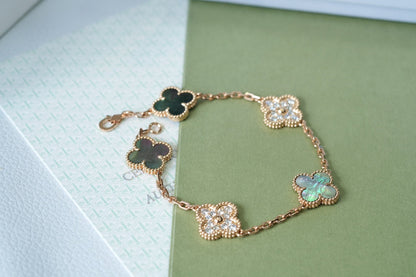 [Olivia JW]CLOVER 5 MOTIFS DARK MOP AND DIAMONDS PINK GOLD BRACELET