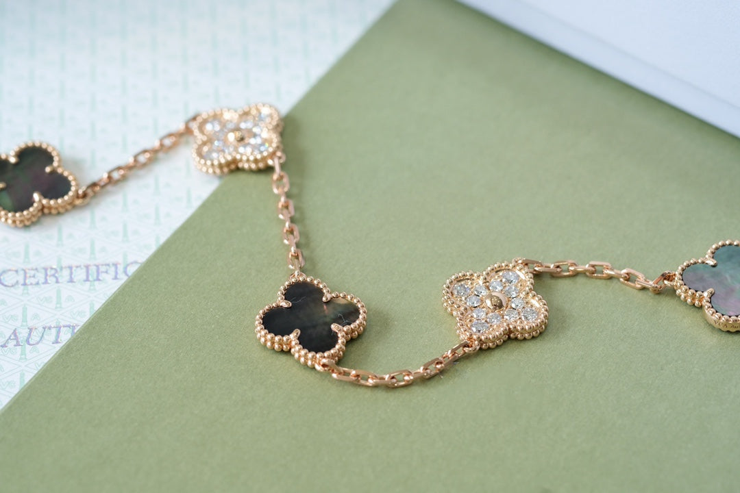 [Olivia JW]CLOVER 5 MOTIFS DARK MOP AND DIAMONDS PINK GOLD BRACELET