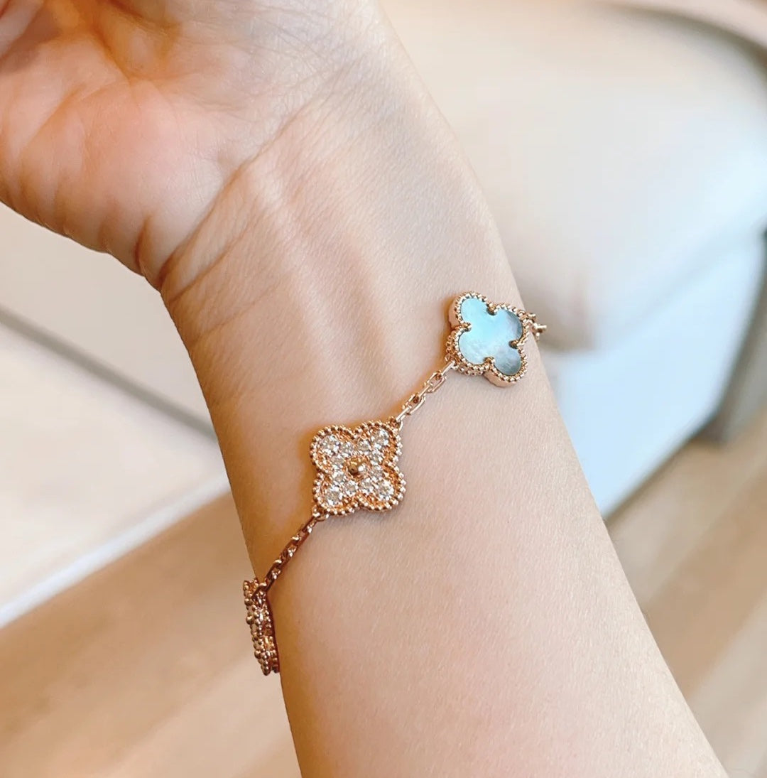 [Olivia JW]CLOVER 5 MOTIFS DARK MOP AND DIAMONDS PINK GOLD BRACELET